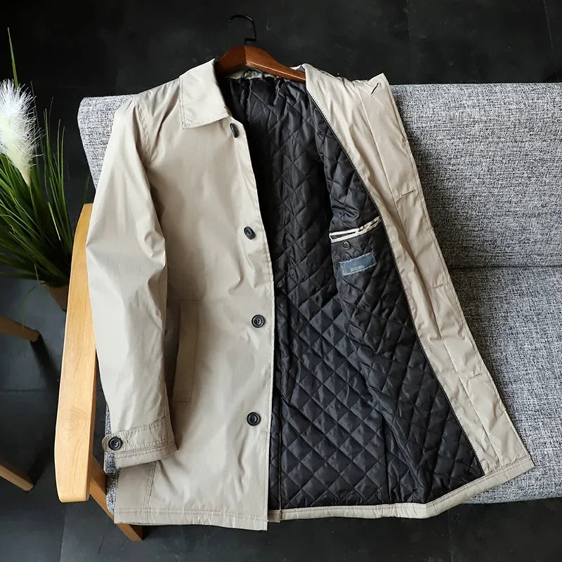 Winter Coldproof Warm Mid Length Trench Coat Mens Solid Color Streetwear
