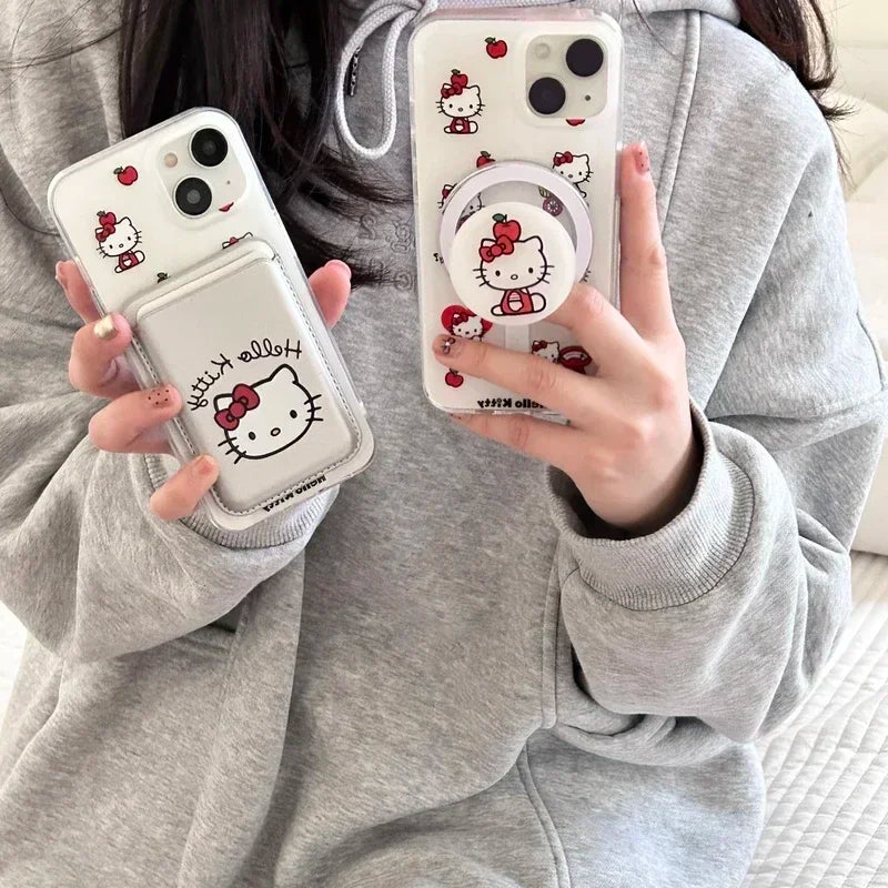 Cute Sanrio Hello Kitty Magnetic Card Wallet Holder Magsafe Wireless Charge Phone Case For iPhone 17 16 15 14 13 Pro Max Cover
