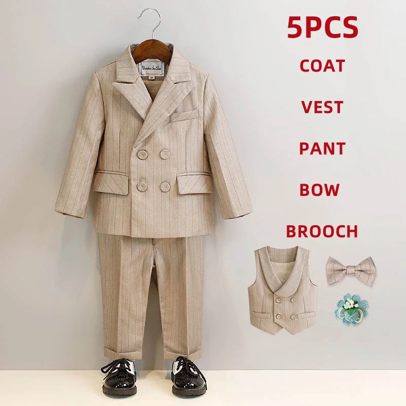 Children's Boys Khaki Striped Suit Set Formal Luxurious Kids Boys Wedding Suit Elegant Kids Boy Suit 1-10Y Boys Suits Outfit Set