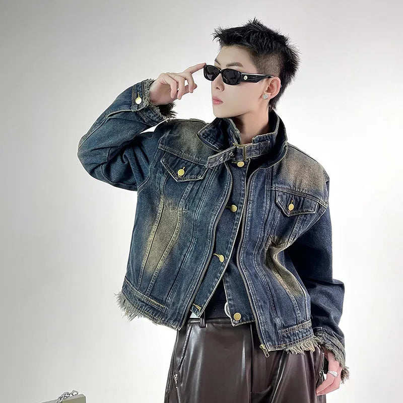 High Street Raw Edge Design Denim Jacket Man Woman Hip Hop Retro Wash Cargo Coats