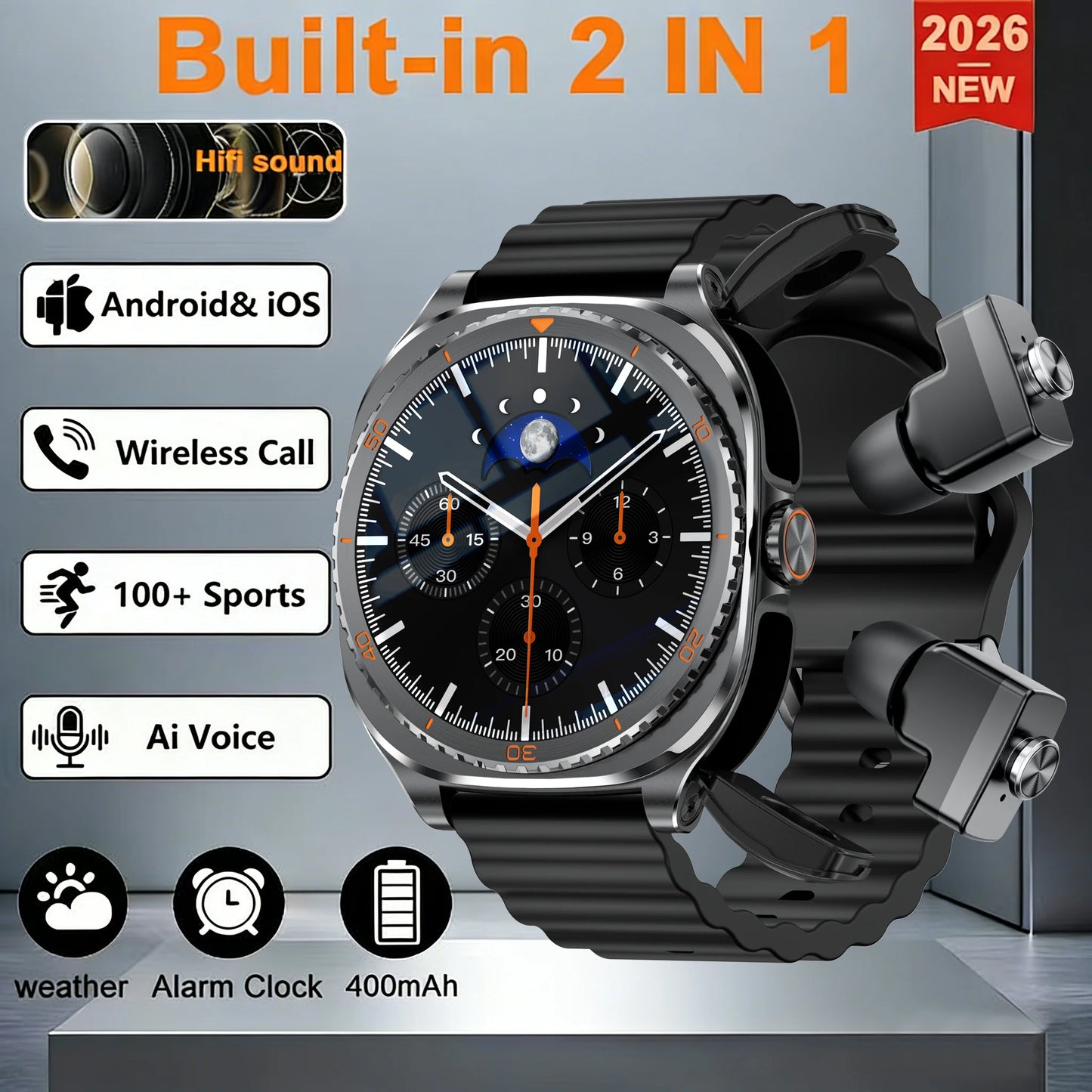 2025 New 2 in 1 Smart Watch With Earbuds Smartwatch 400MAH TWS Bluetooth Earphone Heart Rate Blood Oxygen Monitor Sports Watch
