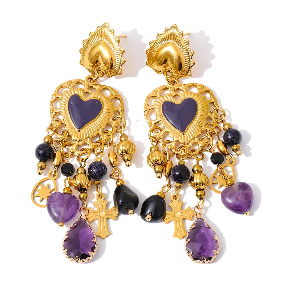 Yhpup Vintage Stainless Steel Heart Cross Key Charm Pendant Drop Earrings Golden Plated Crystal Resin Stone Waterproof Jewelry