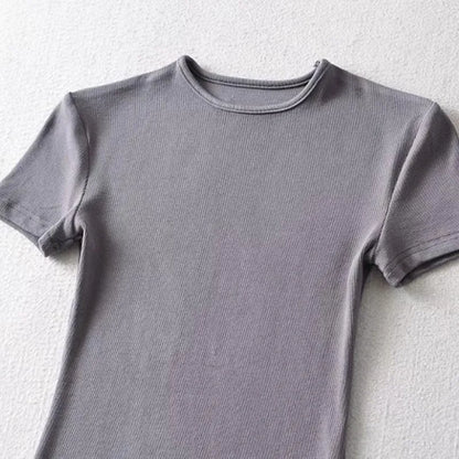 Casual Summer Woman Skinny Fit T-shirt Tight Short-Sleeve O-neck Tee Basic Solid Crop Tops T Shirt