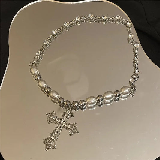 Pearl Cross Pendant Necklace Hip Hop Retro Men Women Religious Jewelry