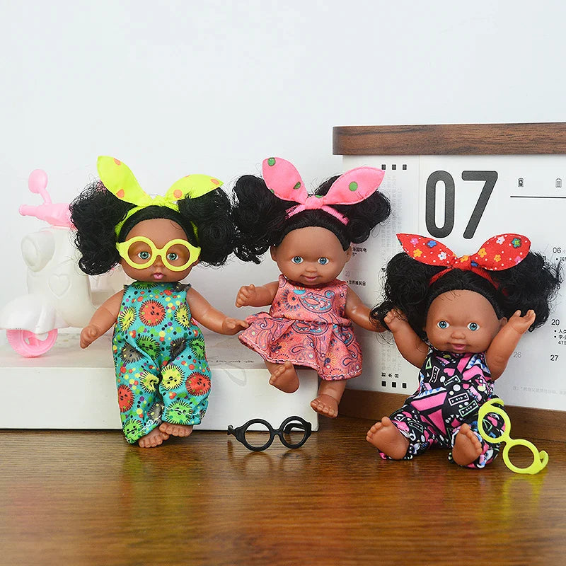 5in/13cm Kawaii Cute Black New Reborn Baby Dolls Educational Dolls Black Skin Black Hair With Cute Bow Headwear Birthday Gift