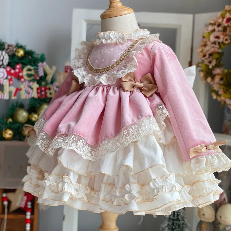 Christmas Carnival New Year Palace Style Girls' Princess Dress Lace Bowtie Girls' Birthday Party Elegant Evening Dress