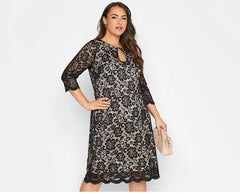 Plus Size Spring Autumn Elegant Lace Dress Women Keyhole Sleeve Midi Party Dress