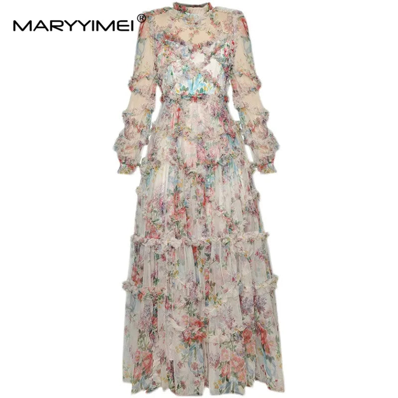 Evening Dresses: Women's dress Lantern Sleeve Mesh Print