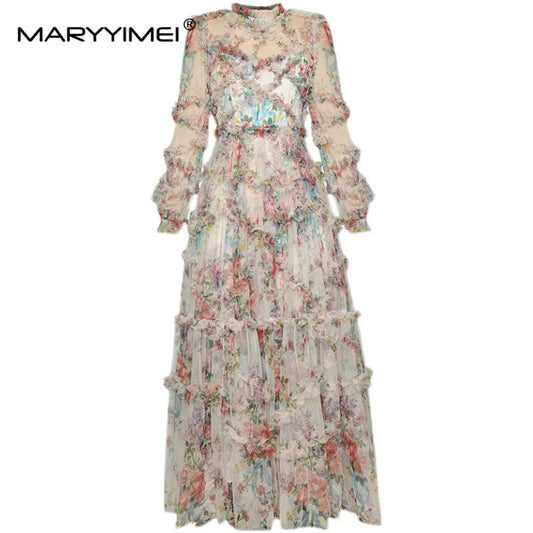 Spring Women's dress Lantern Sleeve Mesh Print Cascading Wood ear edge