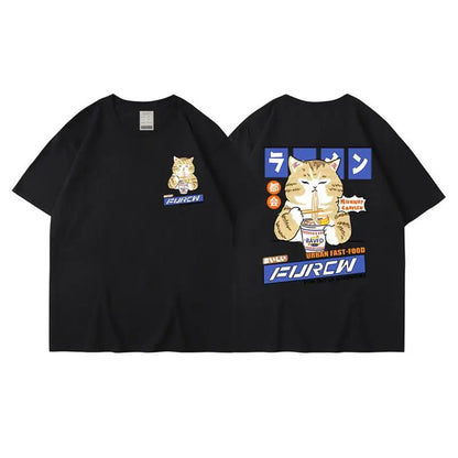 Harajuku Cat Cartoon Eating Noodles Graphic Men Women Tshirts Casual Short Sleeve Tees Japan Style Oversized T Shirt Clothing