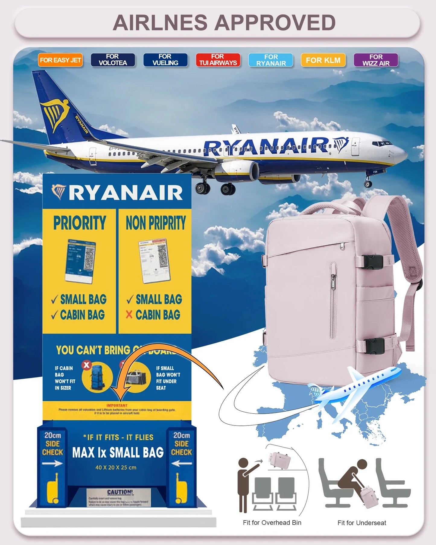 Women's Backpack Travel Suitcase Cabin Bag Aircraft Ryanair 40x20x25 Airplane Travel Bag Men Laotop Backpack Wizzair Carry On