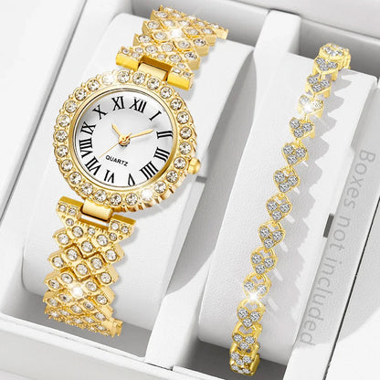 2-piece Ladies' Roman Scale Full Diamond Quartz Watch Heart Bracelet Accessory Set Suitable For Daily Wear