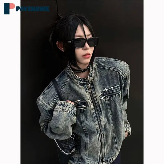 American Vintage Short Denim Jacket Men Woman Hip Hop Washed Metal Buckle Coats