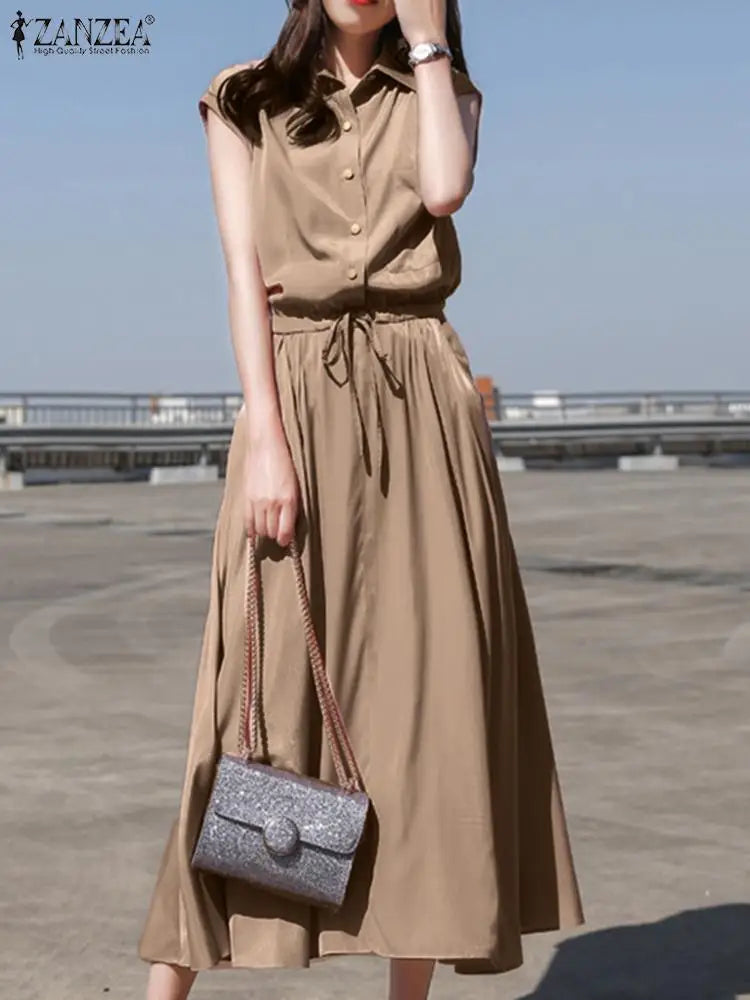 Evening wear Dresses: Office Work Dress Women Lapel Neck Sleeveless