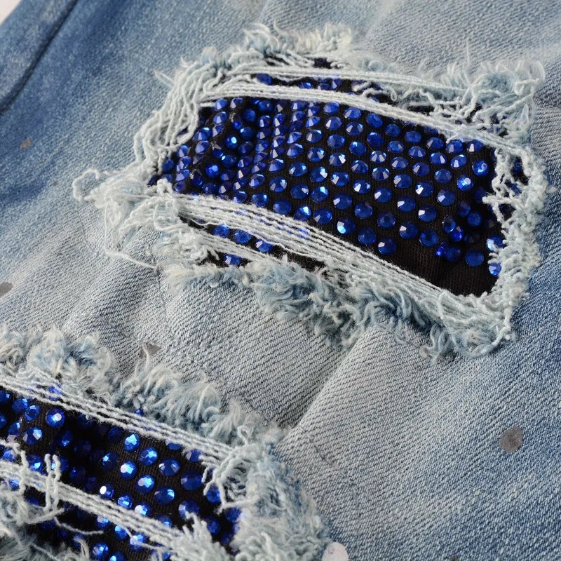 Men Crystal Stretch Denim Jeans Streetwear Painted Patch Skinny Tapered Pants