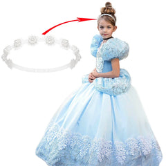 Girls Blue Cinderella Dress Summer Puff Sleeve Embroidery Flower Dresses for Girls