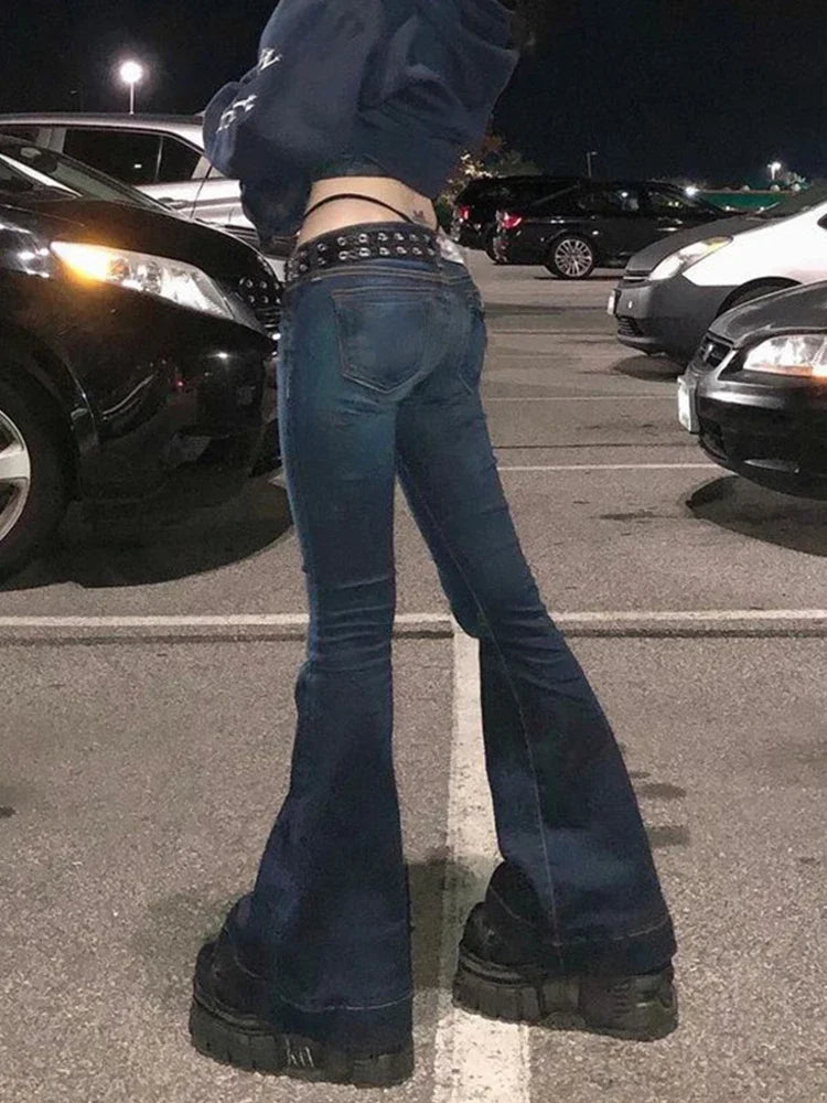Y2K High Street Low Rise Jeans Blue Women Pants Bootcut  Pockets Jeans