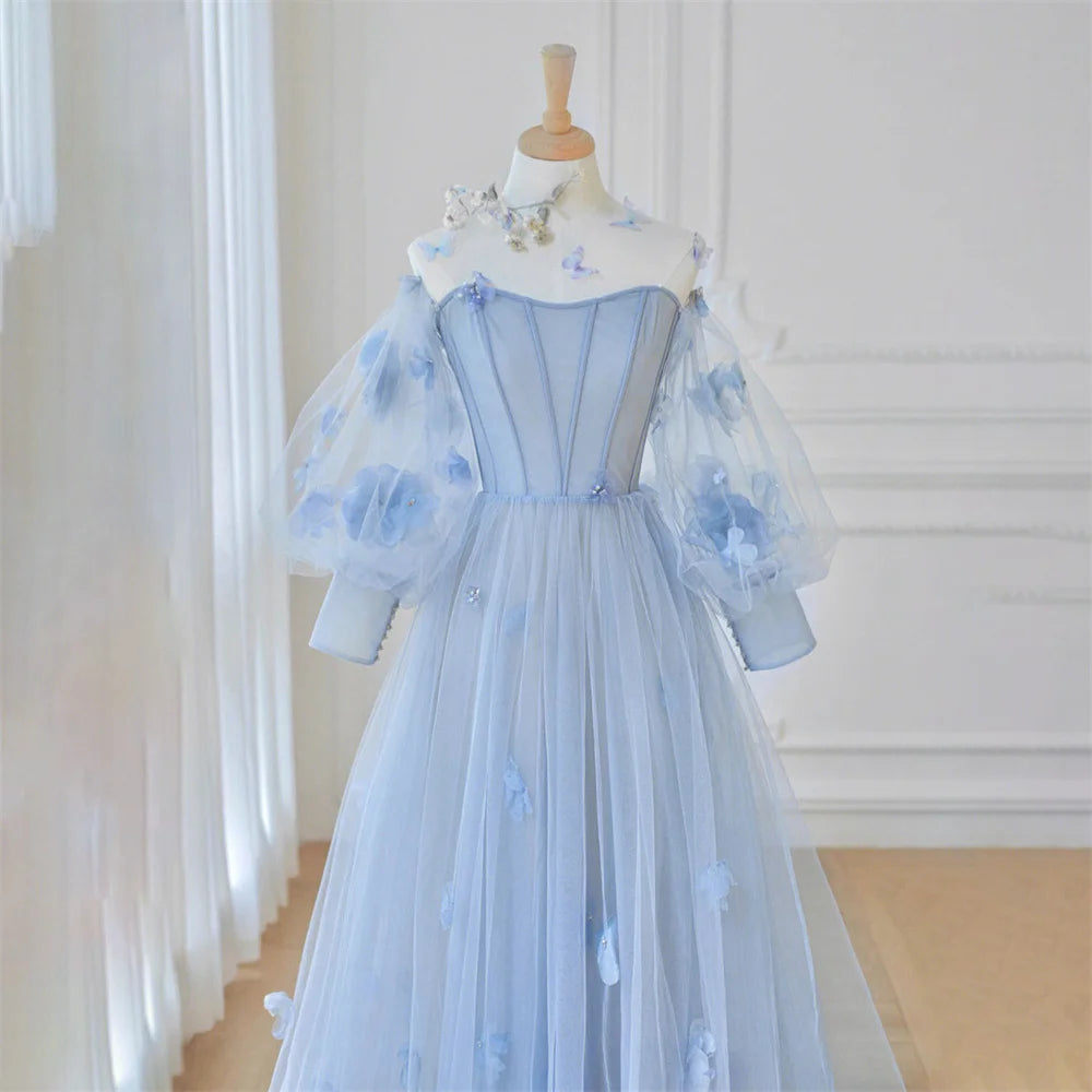 Homecoming Dresses: Sky Blue Tulle Prom Dress Long Sleeve Party Dress A-Line