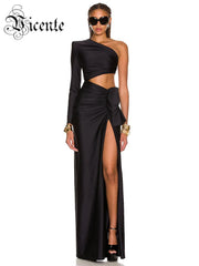 Black Long Dress Women Diagonal Collar One-Shoulder High Slit Ruched