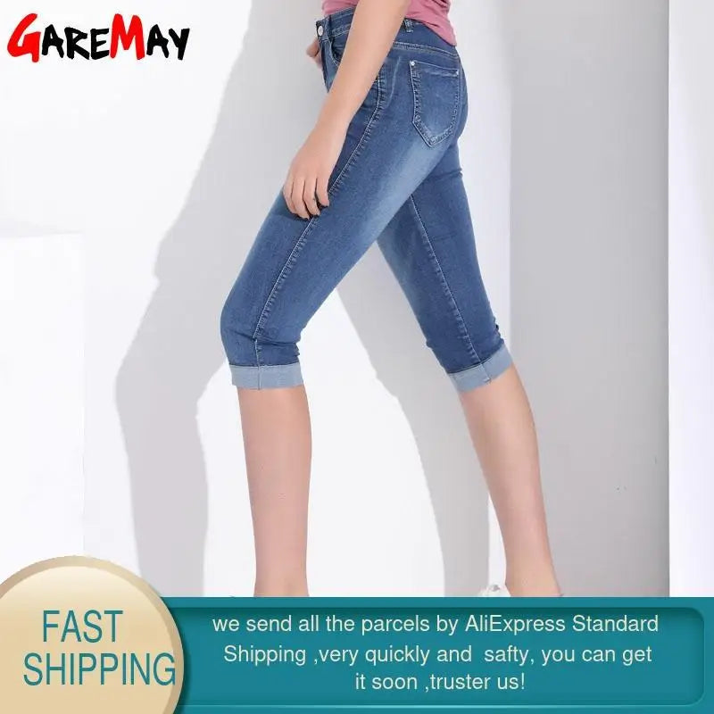 Plus Size Skinny Capris Jean Women Female Stretch Knee Length Denim Trouser