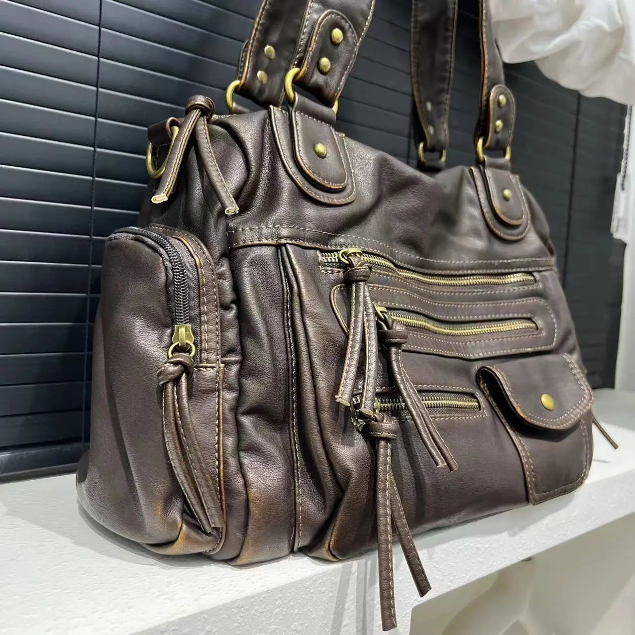 Y2K Single Shoulder Crossbody Bag Vintage Washed Leather Motorcycle Bag