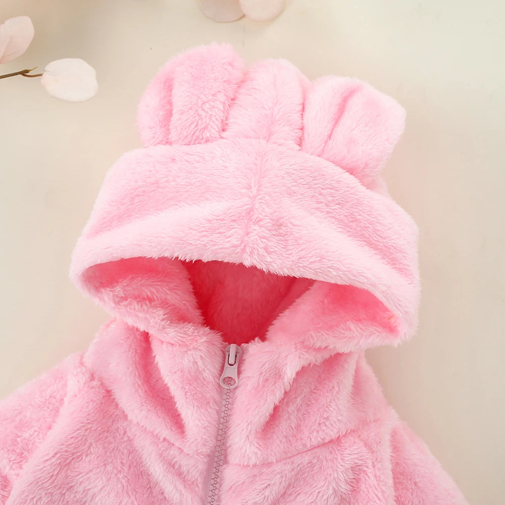 Autumn and Winter Girls' Plush Coat Foreign Trade Ear Hooded Solid Color Zipper Versatile European and American Jacket