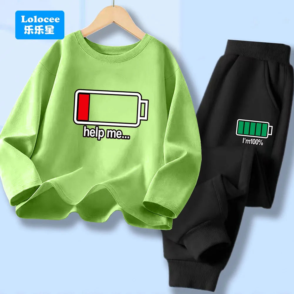 Autumn Kid Boy Long Sleeve 2pcs Clothes Set Children Funny Battery Letter Printed T-shirt Pullover Top And Pants Tracksuits DCW1