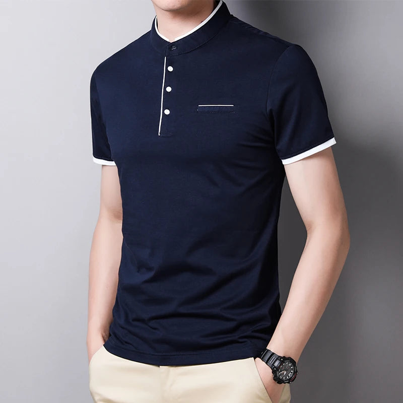2025 New Men's Casual and Fashionable Solid Color Short Sleeved Stand Up Collar T-shirt Summer Versatile and Comfortable Top