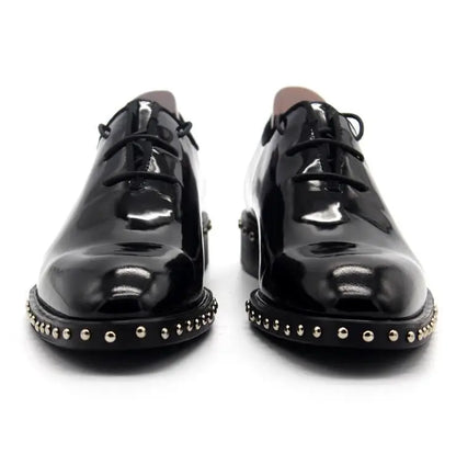 Handmade Genuine leather Black Wedding Dress Shoe Rivets Patent leather Formal Business Shoes Studded Man Flats Lace up  Hombre