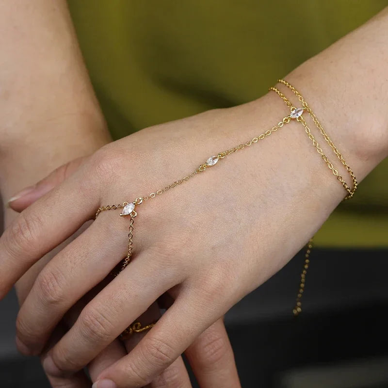 2025 New Geometric Marquise Cubic Zirconia CZ Paved Double Wrist Hand Chain Bracelet Simple Fashion Women Finger Slave Jewelry
