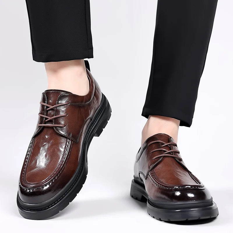 Men Casual Leather Shoes Fashion Classic Brogues Luxury Genuine  Leather Handmade Thick Heels Black Male Wedding Formal Shoes