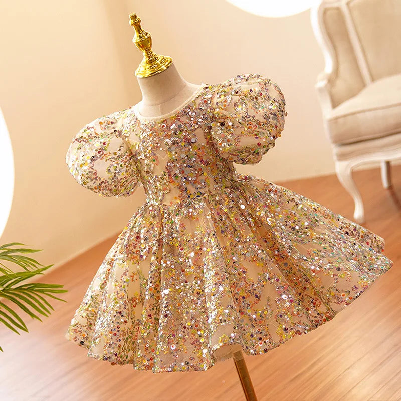 Child Girls Evening Dresses Champagne Gold Luxury Birthday Party Gown Sequin