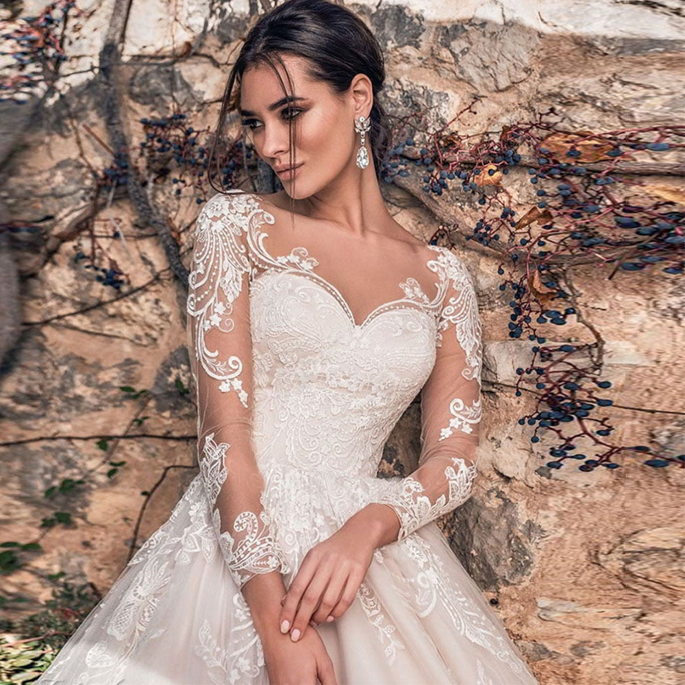 White Bridesmaid Dresses: Ball Gown Long Sleeves Wedding Dress For Bride Buttons