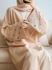 Heart Moon Embroidery Abaya Polyester Effect Fabric Batwing Sleeves Kimono Muslim