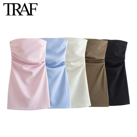 Evening Dresses: Women Fashion Back Zipper Solid Color Pleated Strapless Mini Dress