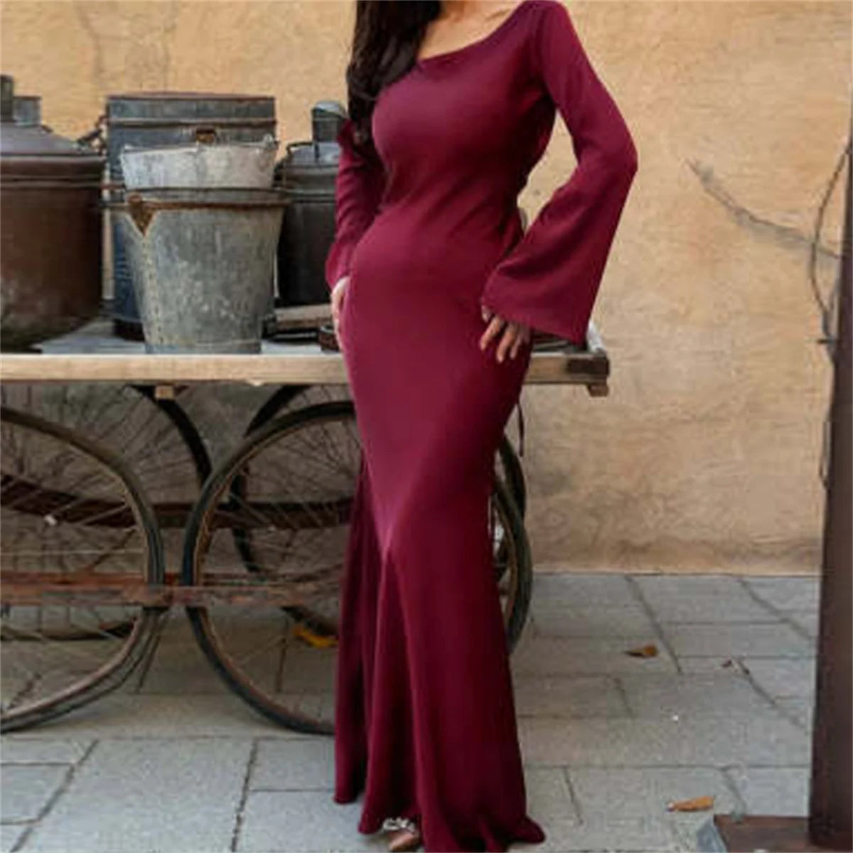 Formal attire Dresses: Round Neck Satin Flare Sleeve Women Dress