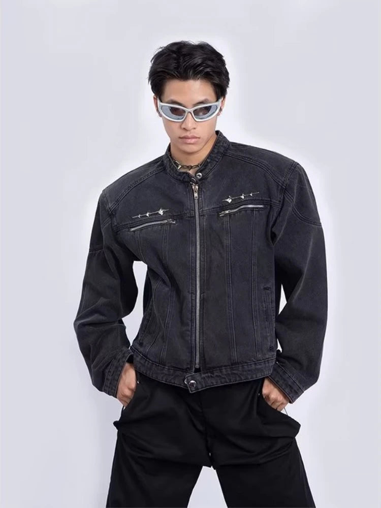 High Street Washed Denim Jackets Hip Hop Loose Zipper Metal Design Jean Jackets