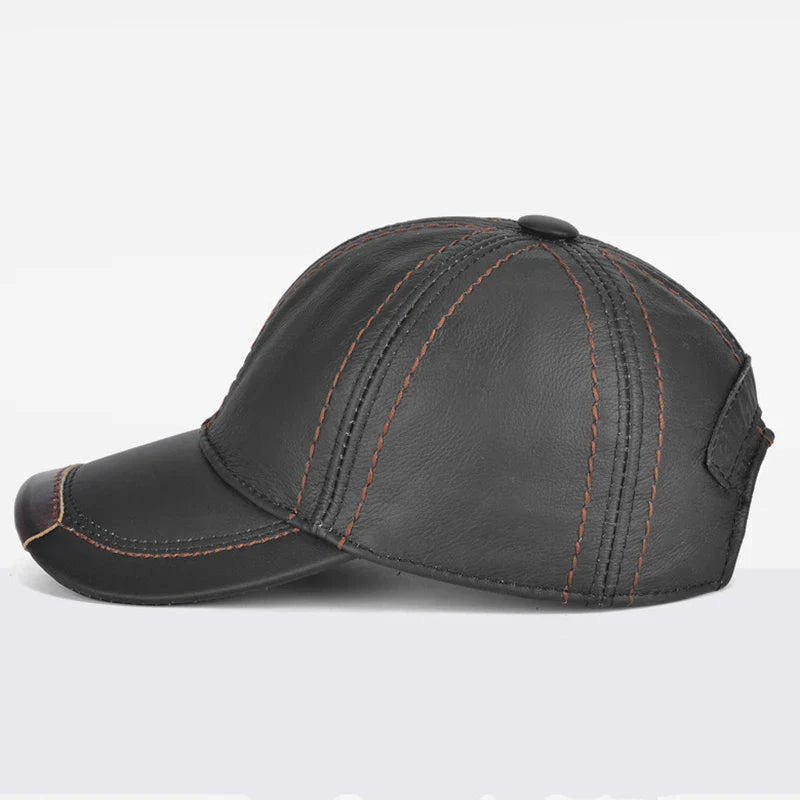 Men Real Cowhide Leather Earlap Caps Male Fall Winter 100% Real Cow Leather Hats New Casual Real Leather Outdoor Baseball Cap