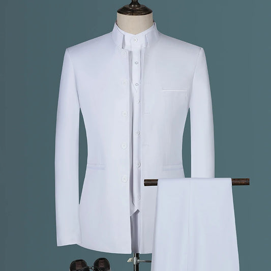 Casual Boutique White Stand Up Collar Chinese Style 3 Pcs Suit Set Slim Fit Blazers Jacket Coat