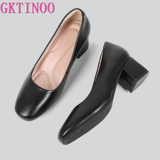 GKTINOO Genuine Leather Women's Work Shoes Pumps Thick Heels Round Head Shoes Soft Sole Professional Non-slip Hotel Work Shoes