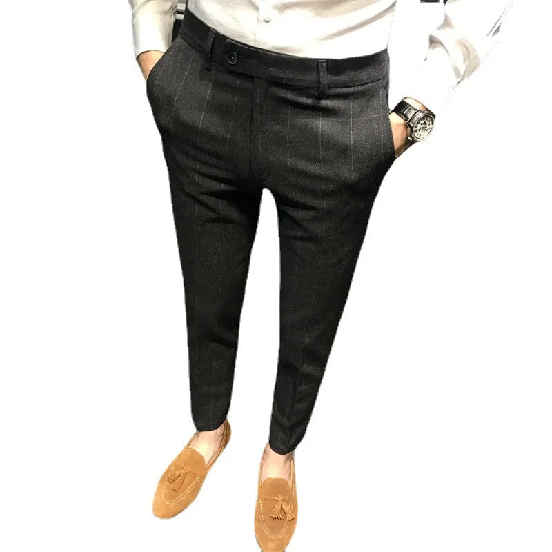 Spring Plaid Casual Trousers For Men Slim Fit Korean Style Cropped Pants Trendy