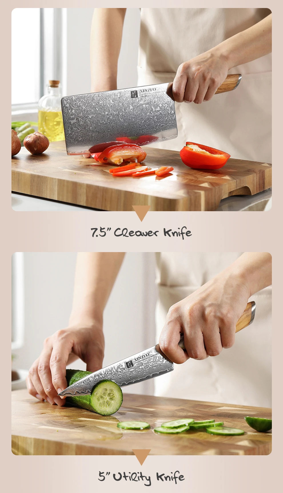 1-8pcs Kitchen Knife Set 73 Layers Custom Damascus Steel 15°±1 Per Side Steel Blade