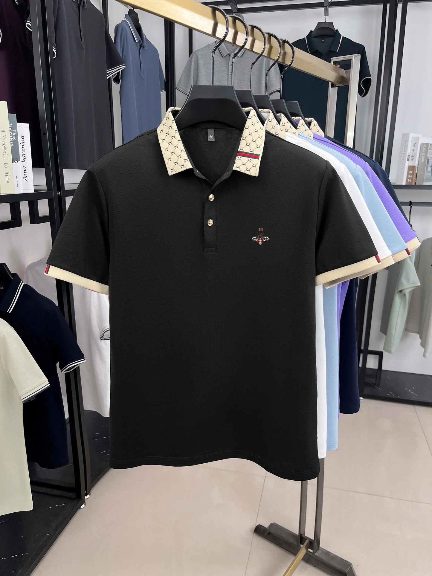 Personality letter jacquard lapel short sleeve T-shirt men high-end brand Little Bee embroidery fashion trend summer polo shirt