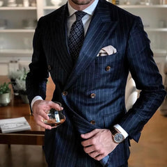 Suits for Men Navy Blue Stripe Double Breasted Peak Lapel Smart