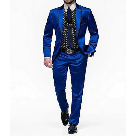 Shinny Royal Blue Satin Men Suits 2 Piece Set Chic Party Prom Wedding Groom