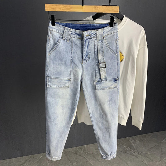Harem Jeans Men Vintage Washed Light Blue Denim Trousers Hip Hop Loose