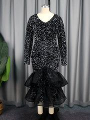 Black Sequin Formal Dresses for Women Long Sleeve Glitter Velvet Maxi Party Dress