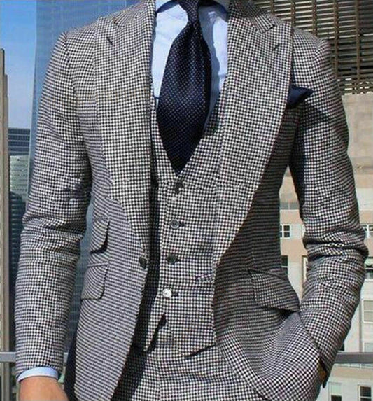 Tuxedo for Mens: Houndstooth Mens Suit Slim Fit 3 Pieces Peaked Lapel Blazer