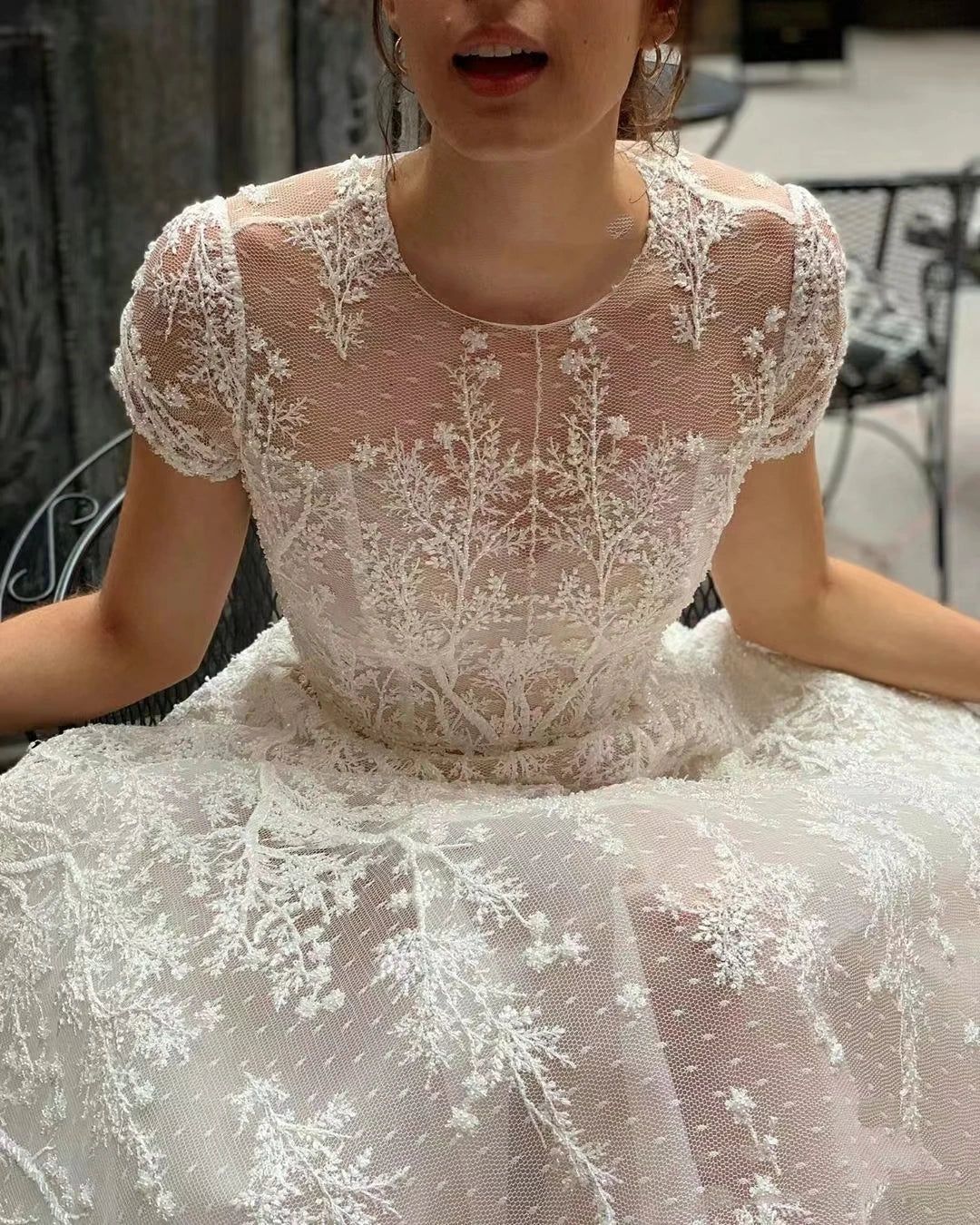 White Bridesmaid Dresses: Wedding Dresses O-Neck Short Sleeves Bridal Gowns Lace