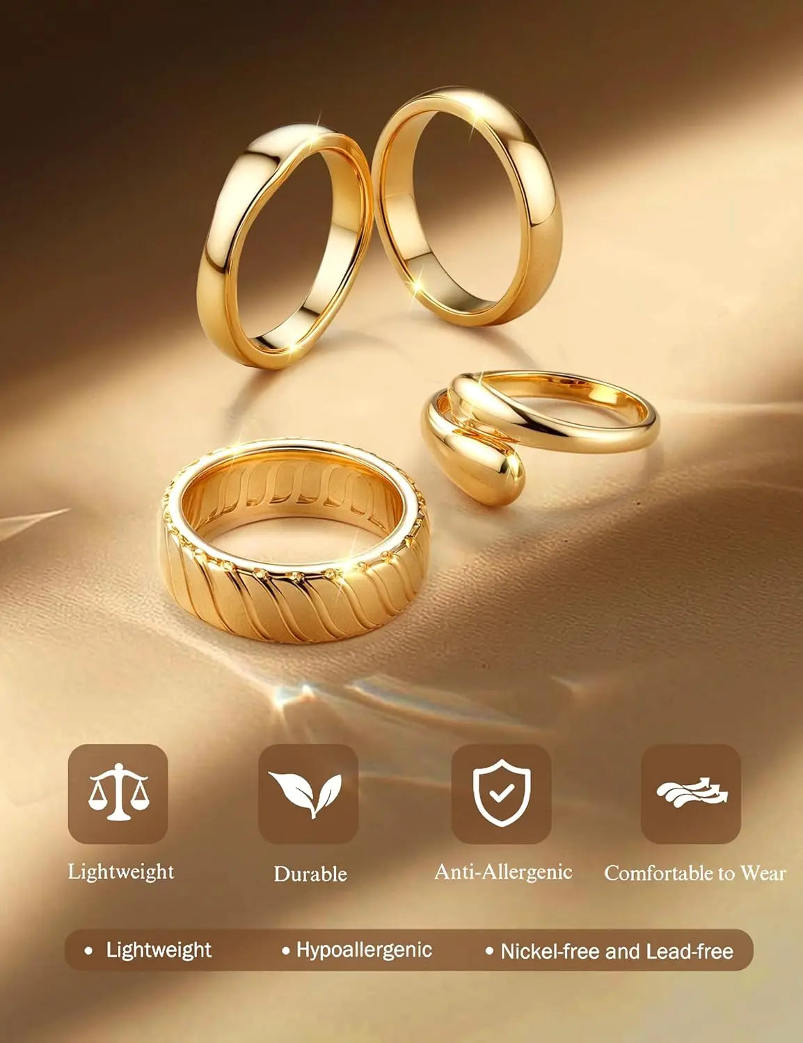 4Pcs Chunky 14K Gold Plated Rings for Women Non Tarnish Statement Rings Set Fashion Stackable Ring Trendy Waterproof Rings Jewel